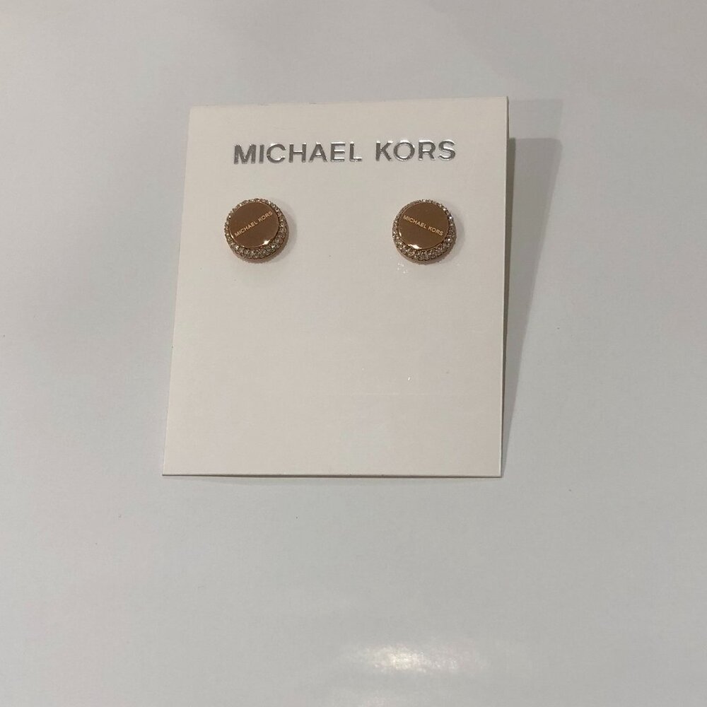 MICHAEL KORS Logo Studs Earrings Rose Gold Tone Crystal Pave - Picture 2 of 4